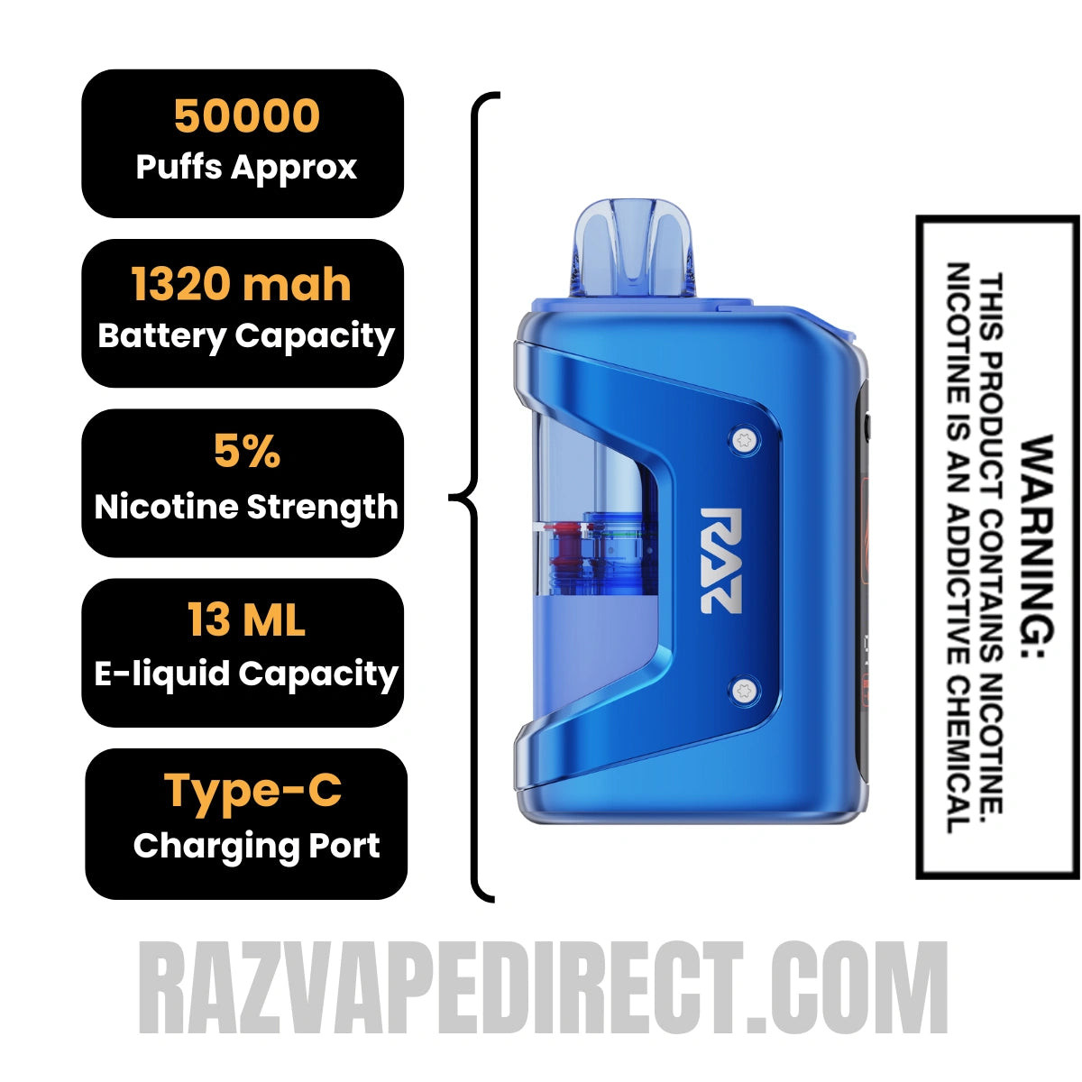 Blue Razz Ice RAZ VUE 50K Disposable Kit Specifications