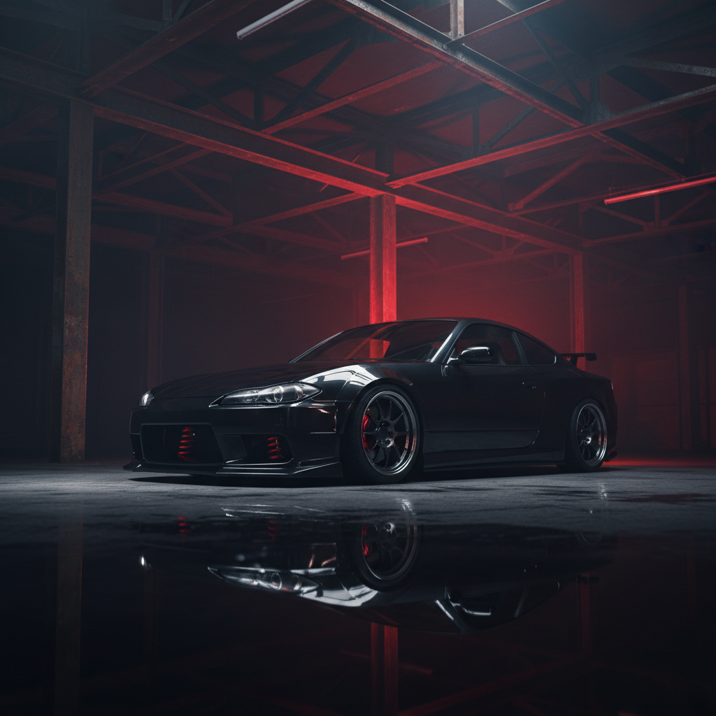 Lowered sport compact with TruHart performance suspension in industrial setting