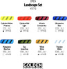 Depicted are the colors included in the Golden OPEN Landscape set. This set includes Cadmium Yellow Primrose, Cadmium Red Light, Alizarin Crimson Hue, Ultramarine Blue, Manganese Blue Hue, Sap Green Hue, Yellow Ochre, Titanium White, as well as a 1oz bottle of Golden OPEN Thinner. 