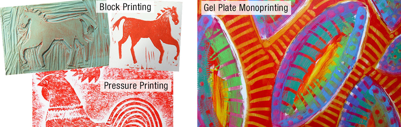 Printmaking Techniques Images: Block Printing, Pressure Printing, Gel Plate Monoprinting