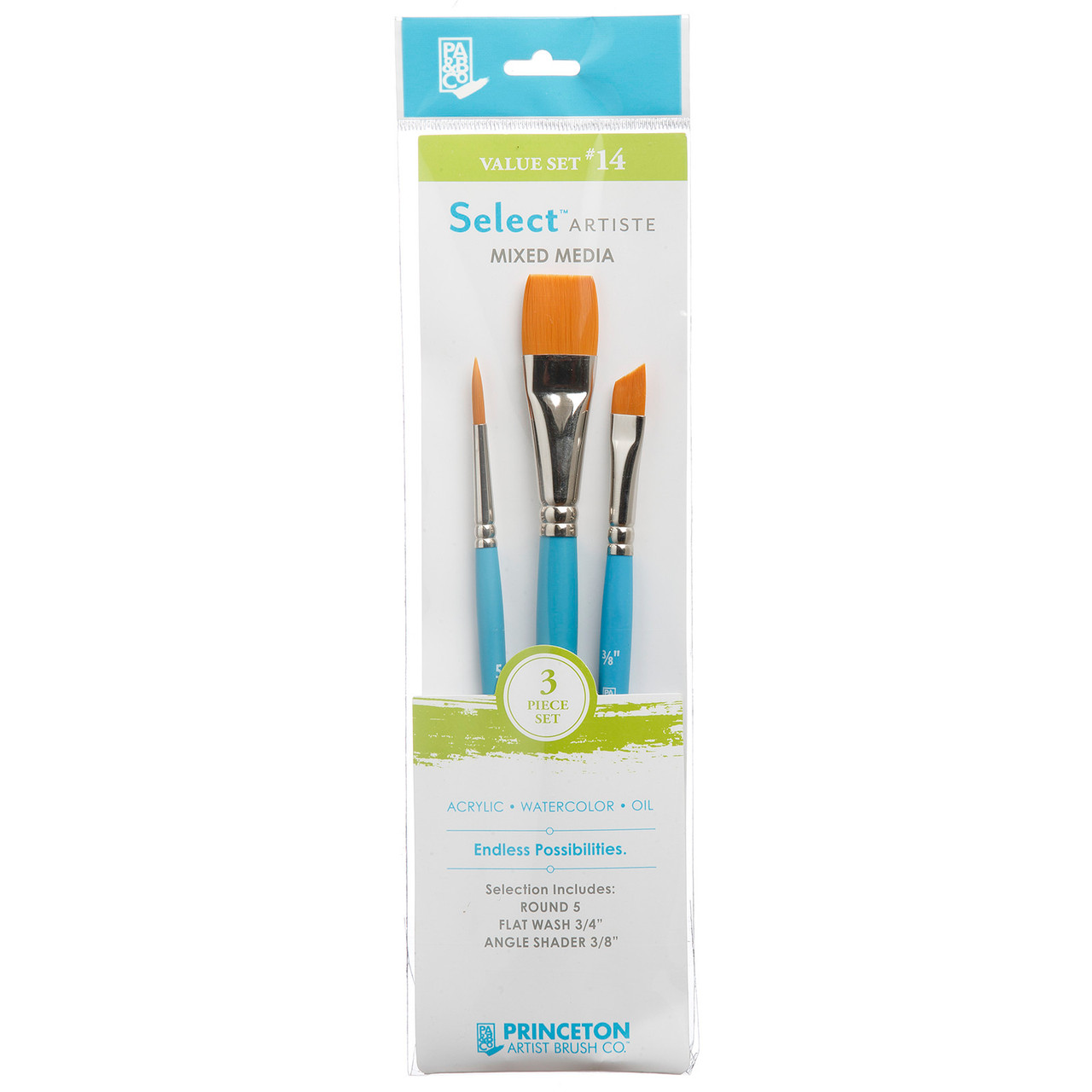 Princeton Select Artiste Mixed Media 3-Brush Set #14 Round 5, Flat Wash  3/4