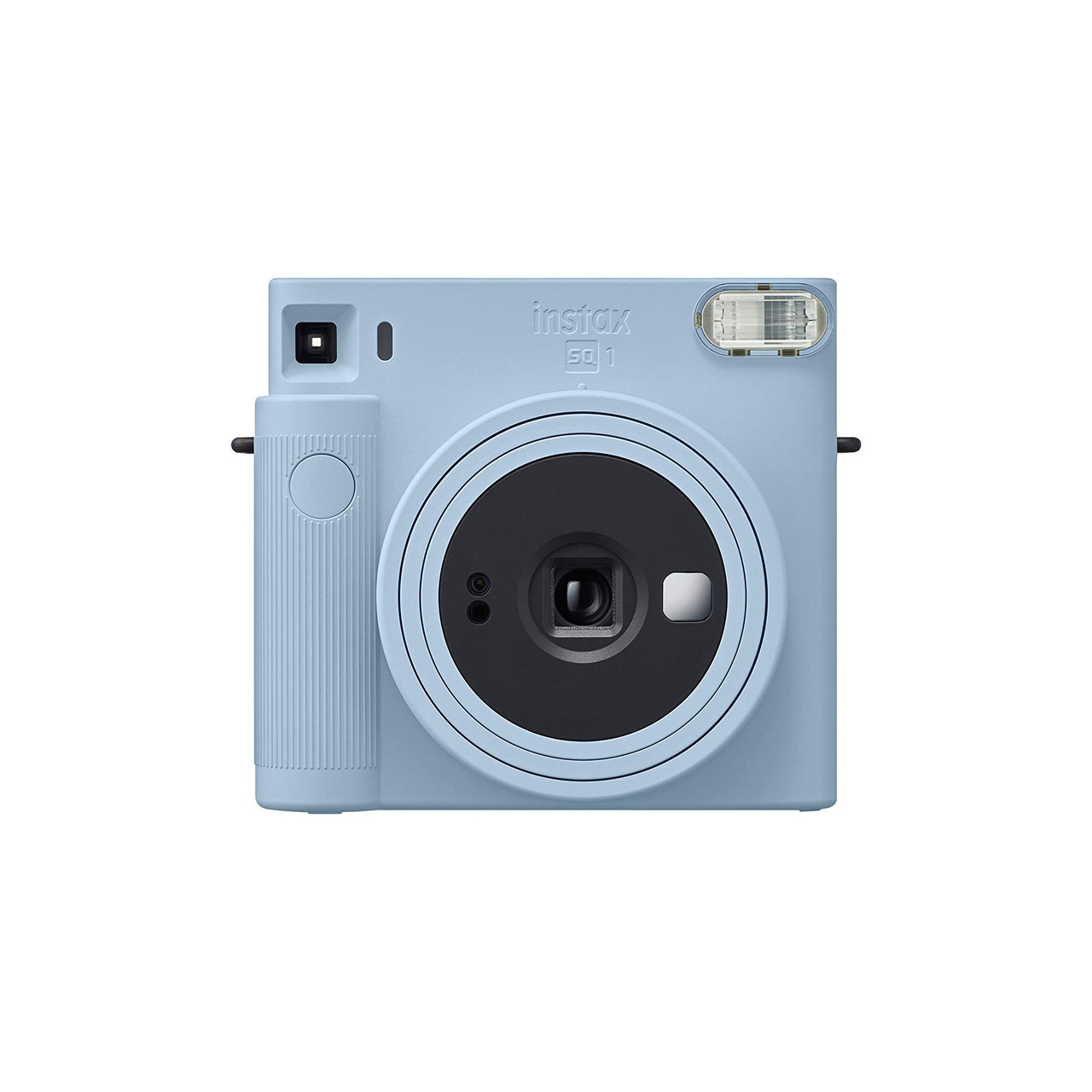 Depicted is a front-facing packshot of the Glacier Blue variant of the FujiFilm Instax Square SQ1 instant camera.