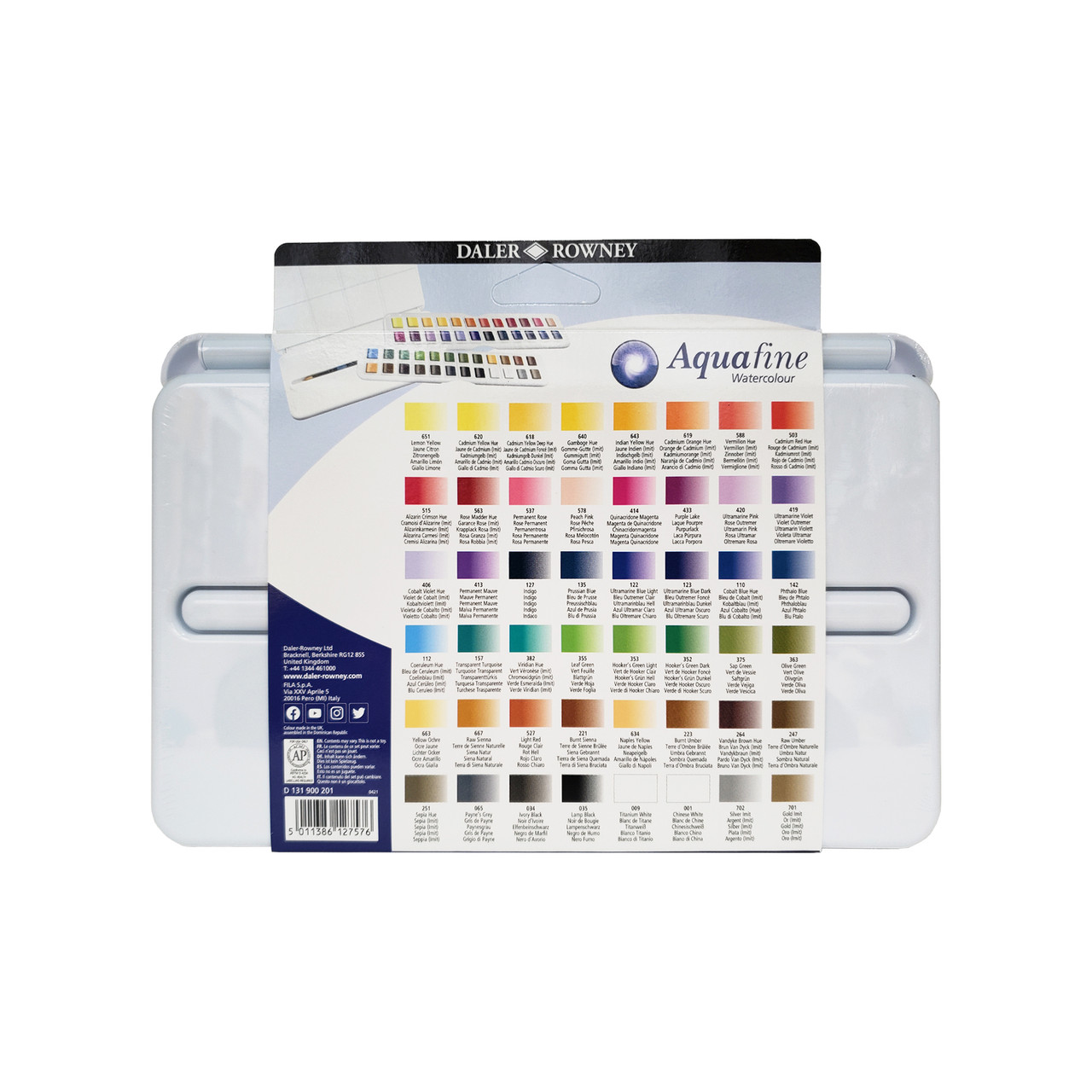 Depicted is the back of the Daler Rowney Aquafine 48-Piece Watercolor Studio Set.