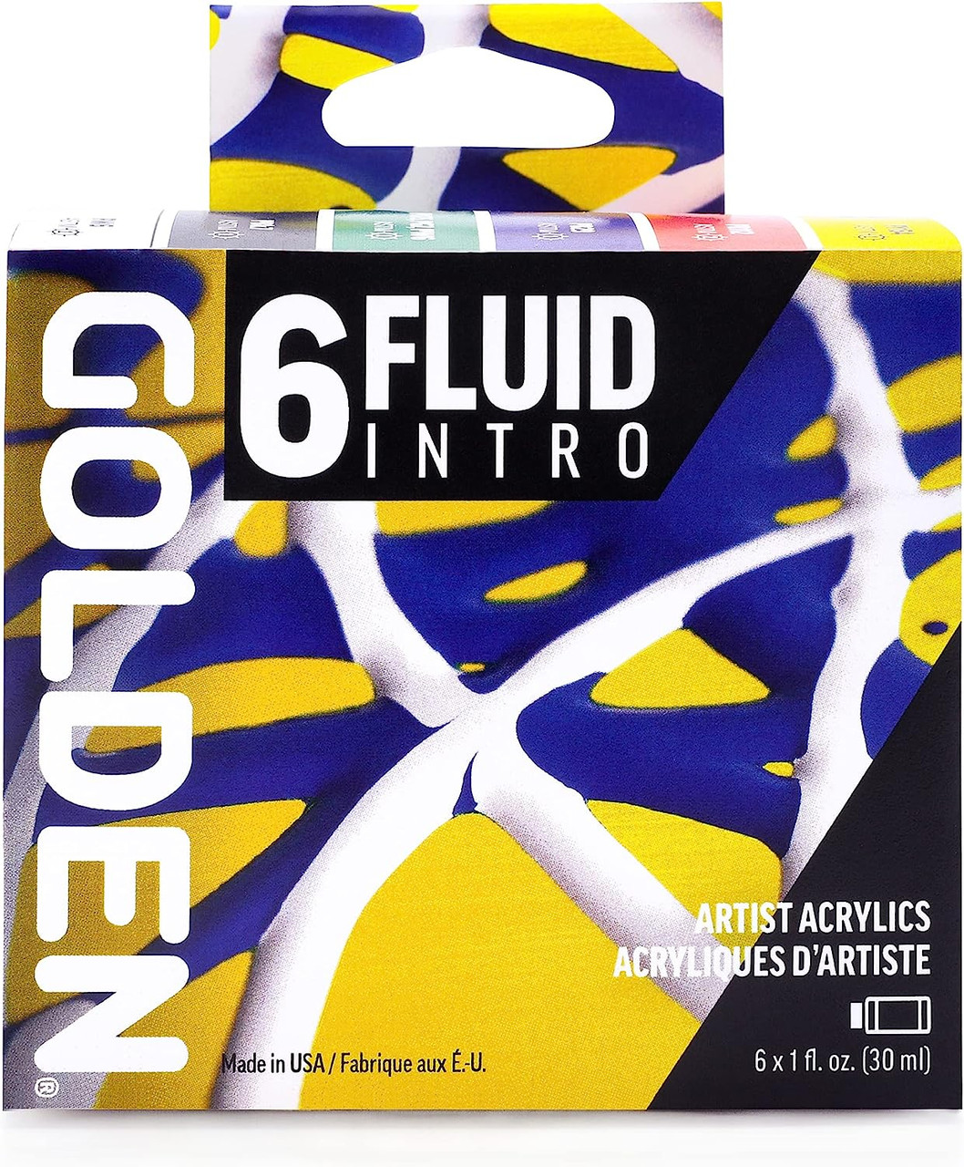 Depicted is the packaging for the Golden Fluid Acrylics 6-Color Intro Set.