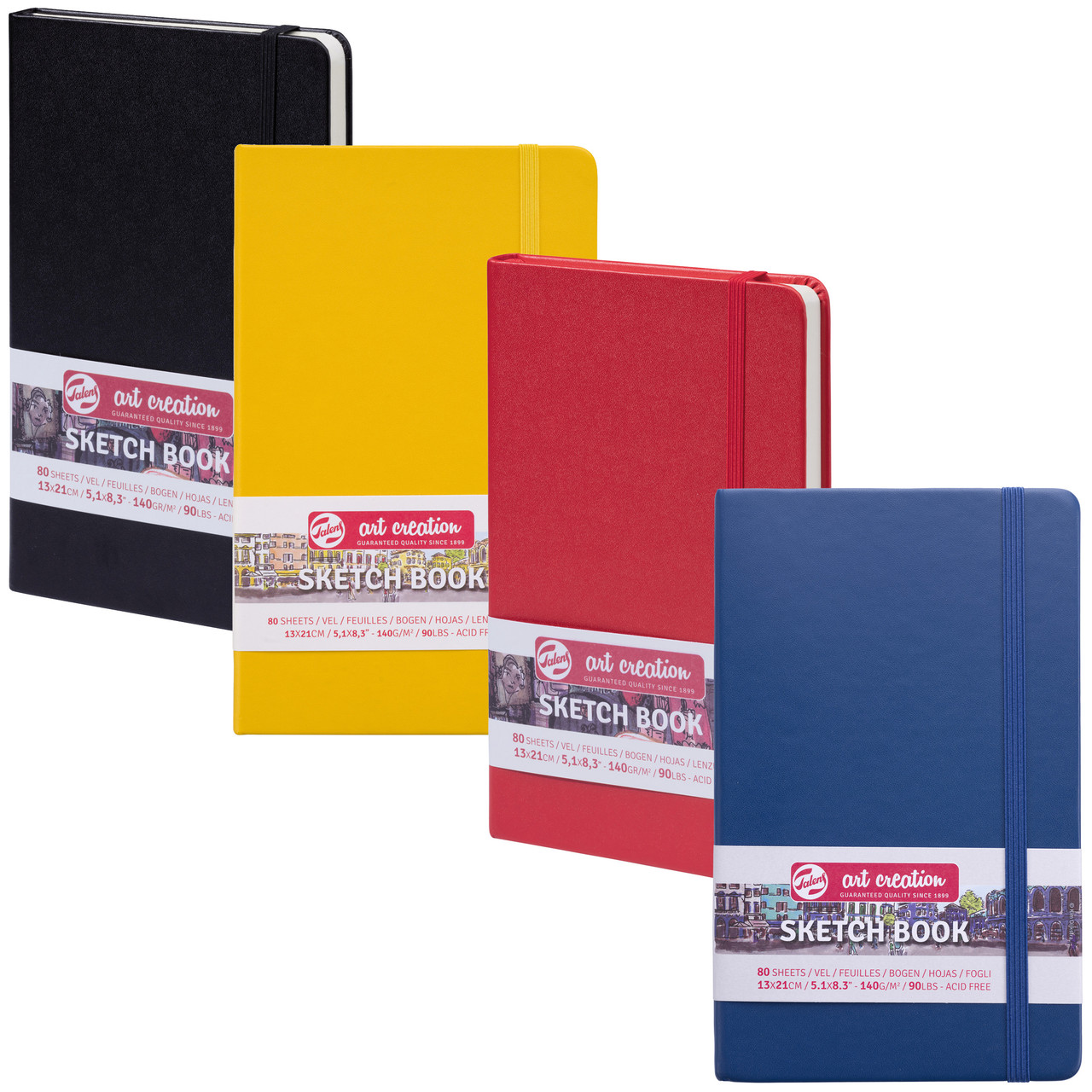 5.1-inch by 8.3-inch 80-page sketchbook with black, yellow, red or navy cover