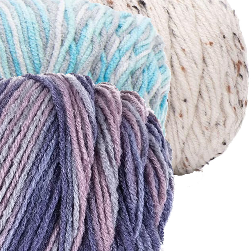 image of three variegated yarn colors purple, blue and white