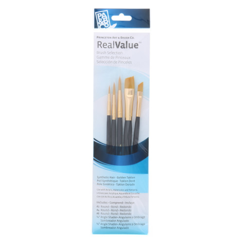 Synthetic Golden Taklon 5-Brush Set Round 2, 4, 6, Angle Shader 1/4, 1/2