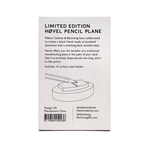 Depicts the back of the Blackwing Hovel Sharpener packaging. 