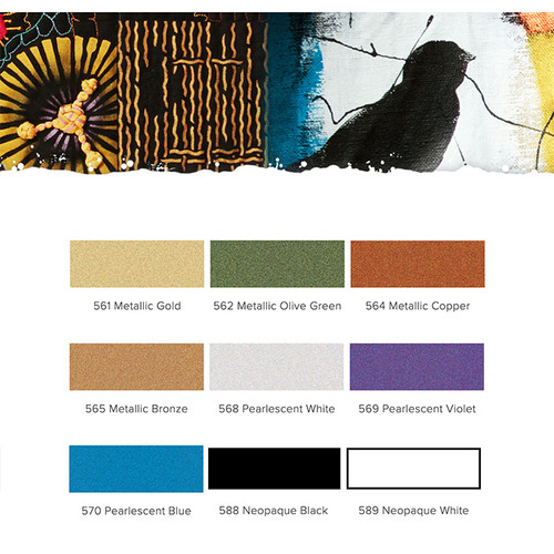 image of the 9 colors in Lumiere/Neopaque Exciter Pack and example of artwork using these textile paints