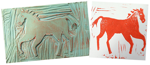 image of carved horse and the printed sheet show block printing process