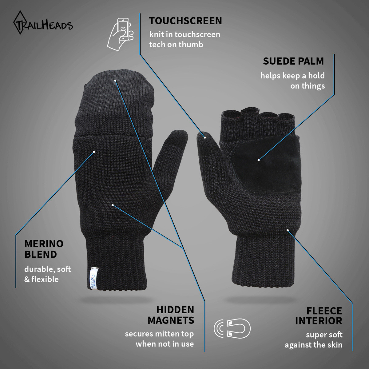 Women’s Fingerless Gloves Merino Knit Convertible Mittens TrailHeads