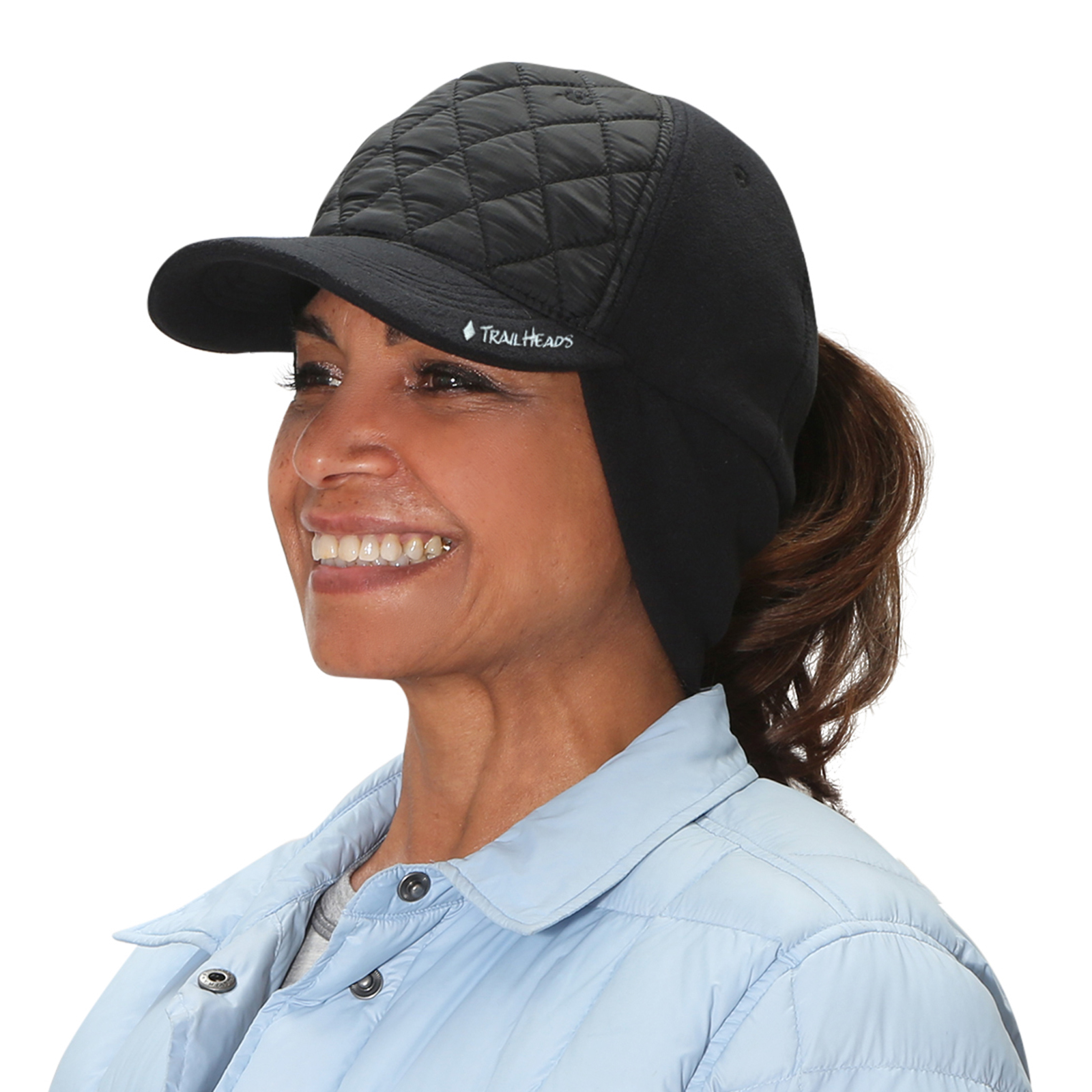 TrailHeads Women's Winter Ponytail Hat | Trucker Hat with Drop Down Ear Warmers Quilted/Black