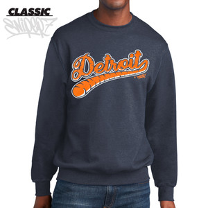 Detroit Tiger Tail Baseball Script Heather Navy Classic Crewneck Sweatshirt