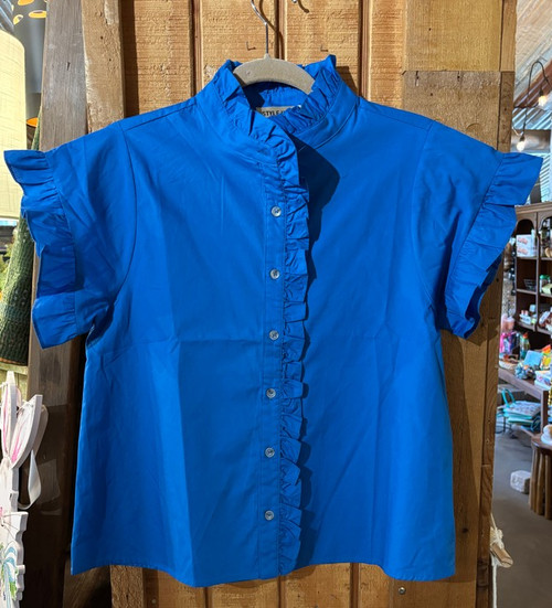 Blue Ruffled Detail Woven Top