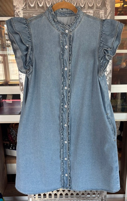 Denim Ruffle Sleeve Button Closure Mini Dress