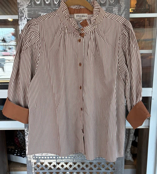 Ruffle Neck Striped Top - Mocha