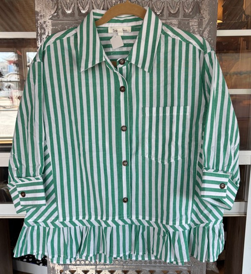 Green Striped Button-Down Top with Ruffle Hem