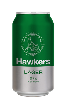 Single 375ml can of Hawkers Lager, an Australian craft beer with tropical hop aromas