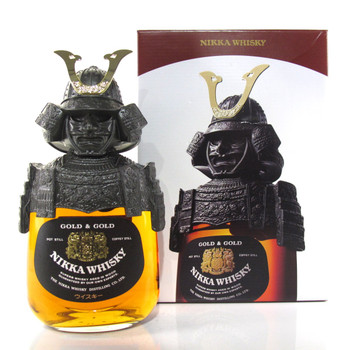 Nikka Gold & Gold Samurai 750ml bottle with removable metallic samurai armor and helmet design