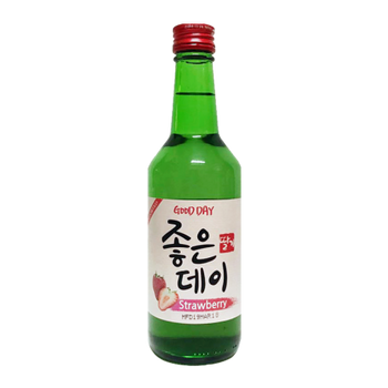 Bottle of Good Day Strawberry Soju 360ml, a Korean fruit-flavored distilled spirit