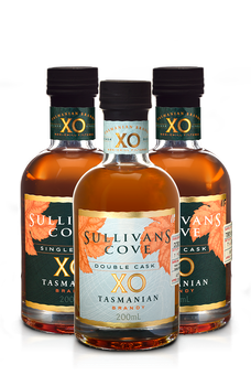 Sullivans Cove Brandy Trio Pack featuring three 200ml Tasmanian XO brandy bottles