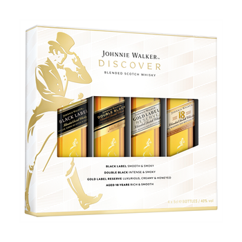 Johnnie Walker 50ml Pack featuring four bottles: Black, Double Black, Gold Reserve, and Gold 18 Year Old