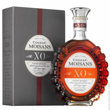 Bottle of Moisans XO Cognac 700ml in decanter, amber-golden Fine Champagne and Fins Bois blend