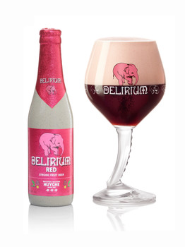 Case of Delirium Red Fruit Beer 330ml bottles, deep red beer with light pink head