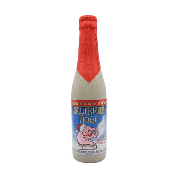 Bottle of Delirium Christmas 330ml holiday beer with chestnut amber color and creamy white foam