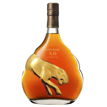 Bottle of Meukow XO Cognac with signature gold Panther emblem