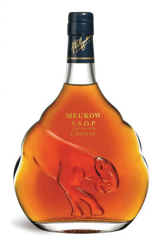 Bottle of Meukow VSOP Superior Cognac showcasing its amber-yellow color