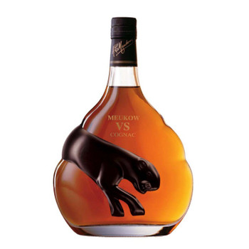 Bottle of Meukow VS Cognac with iconic Black Panther label design