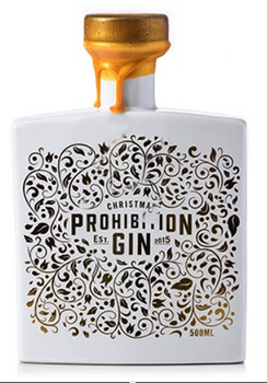 Bottle of Prohibition Christmas Gin 500ml with festive holiday-themed label