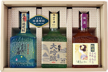 Famous Sake Exploration Gift Set with three art bottles of shochu, sake, and umeshu