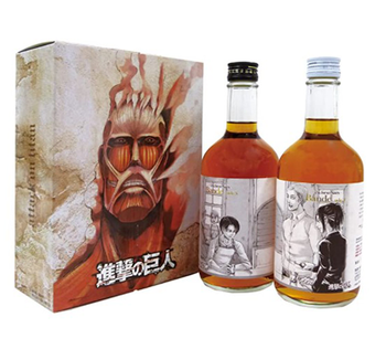 Oyama Attack on Titan Plum Wine Set, two 500ml bottles in a licensed gift box with character artwork