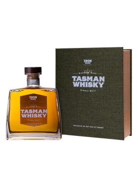 Bottle of Iron House Bourbon Cask Tasman Whisky 700ml in its gift box packaging