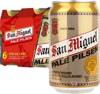 San Miguel Pale Pilsen Beer 330ml cans, pack of six, 5% alcohol