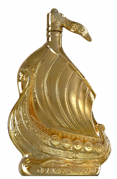 Larsen Viking Ship Gold Sculpture Cognac 700ml bottle shaped like a Viking ship with gold accents