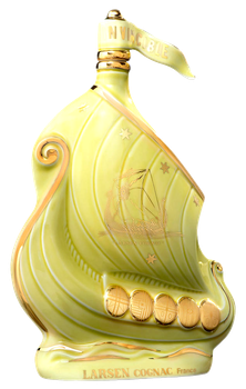 Bottle of Larsen Viking Ship Yellow Topaz Cognac, 700ml, featuring Viking ship-inspired design