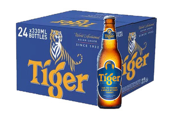 Case of Tiger Beer 330ml bottles, golden amber Singapore lager with iconic tiger logo