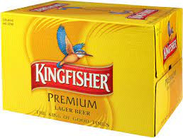 Pack of 24 Kingfisher Lager 330ml cans, classic Indian golden lager