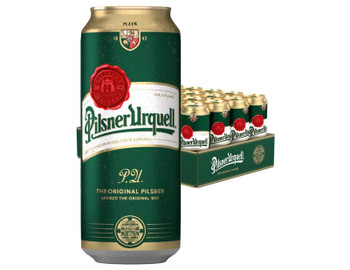 Case of Pilsner Urquell lager, 24 x 500ml cans, golden Czech beer