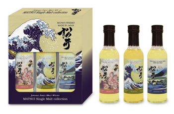 Kurayoshi Collection Japanese whisky set with Sakura, Mizunara, and Peated 200ml bottles