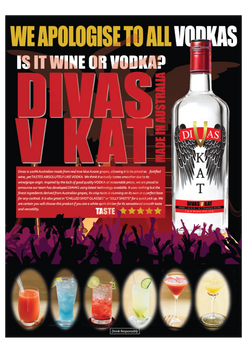 Bottle of Divas V Kat, an Australian vodka distilled from wine grapes