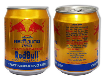 Can of Thai Red Bull energy drink, 250ml, taurine-free un-carbonated beverage