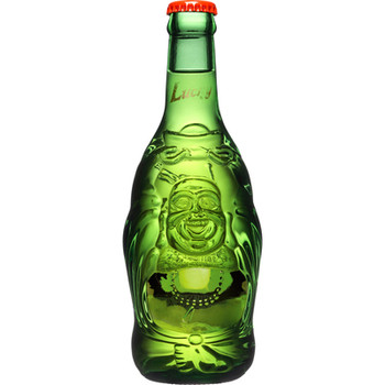 Case of Lucky Beer 330ml bottles featuring the distinctive laughing Buddha bottle design