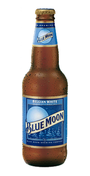 Bottle of Blue Moon Belgian White wheat beer, 355ml, 5.4% ABV, brewed in the USA