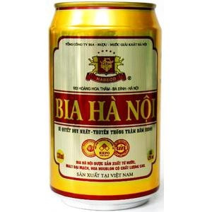 Six pack of Bia Hanoi beer cans, 330ml each, traditional Vietnamese lager
