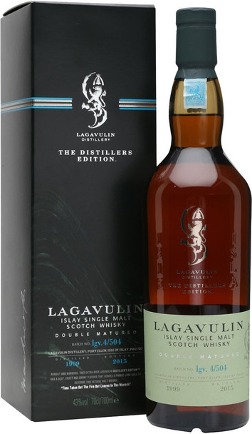 Bottle of Lagavulin Distillers 1999 Double Matured Islay single malt whisky, bottled 2015