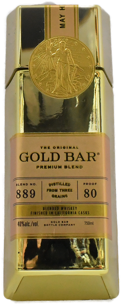 Bottle of Gold Bar Premium Blended Whiskey 750ml with brass Lady of Fortune coin